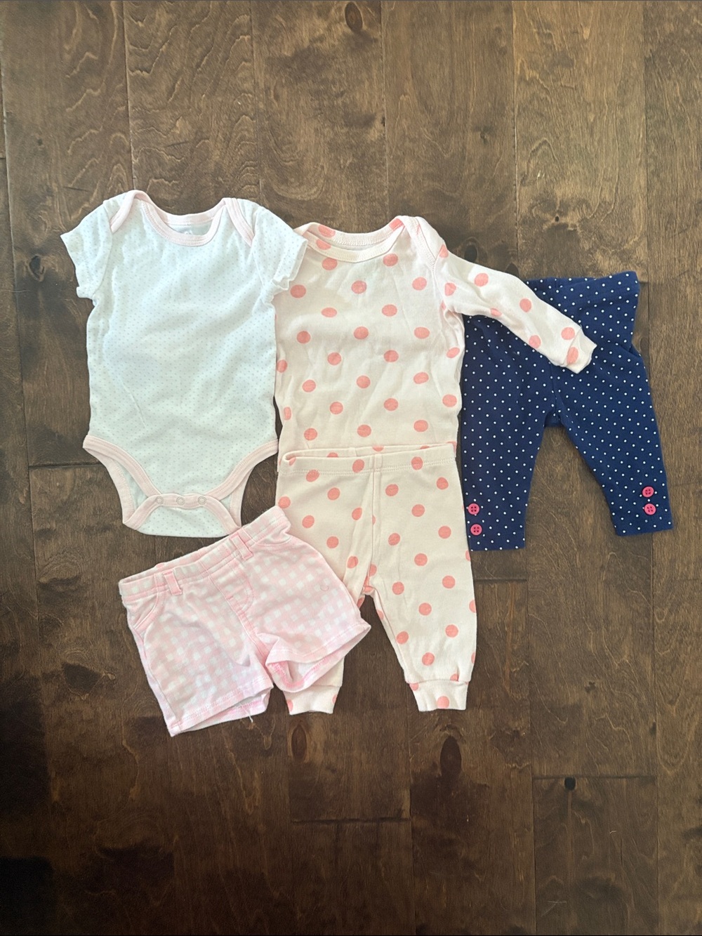 Bundle of FIVE 5 Baby Girl Items- 1 Matching set, 1 pant, 1 short, 1 Onesie Pink